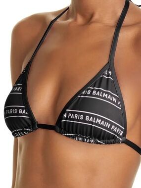 Balmain Paris Women’s Logo Stripe Bikini Top Black / White Size 42 (XL)